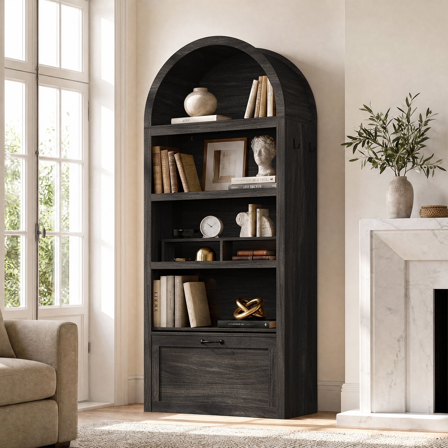 HAUOMS 76.6 inch tall Arched Bookshelf with Moveable Storage Bench and 5-Tier Wood Bookcase Multi-Functional Display Cabinet with Storage for Living Room Entryway
