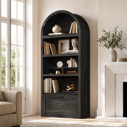 HAUOMS 76.6 inch tall Arched Bookshelf with Moveable Storage Bench and 5-Tier Wood Bookcase Multi-Functional Display Cabinet with Storage for Living Room Entryway