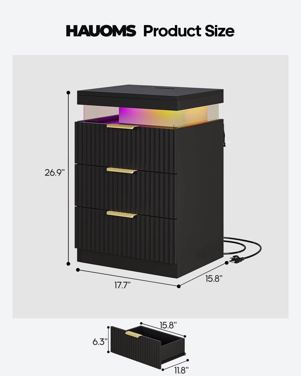 HAUOMS 26.9 Inch Tall Nightstand with Hidden Charging Station and 3 Drawer Fluted Wood Side Table with LED Smart for Bedroom