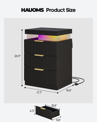 HAUOMS 26.9 Inch Tall Nightstand with Hidden Charging Station and 3 Drawer Fluted Wood Side Table with LED Smart for Bedroom