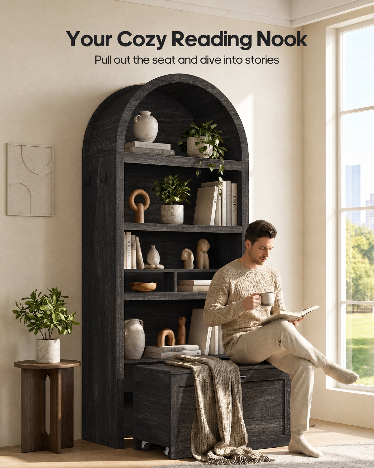 HAUOMS 76.6 inch tall Arched Bookshelf with Moveable Storage Bench and 5-Tier Wood Bookcase Multi-Functional Display Cabinet with Storage for Living Room Entryway