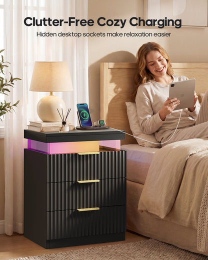 HAUOMS 26.9 Inch Tall Nightstand with Hidden Charging Station and 3 Drawer Fluted Wood Side Table with LED Smart for Bedroom