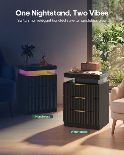HAUOMS 26.9 Inch Tall Nightstand with Hidden Charging Station and 3 Drawer Fluted Wood Side Table with LED Smart for Bedroom