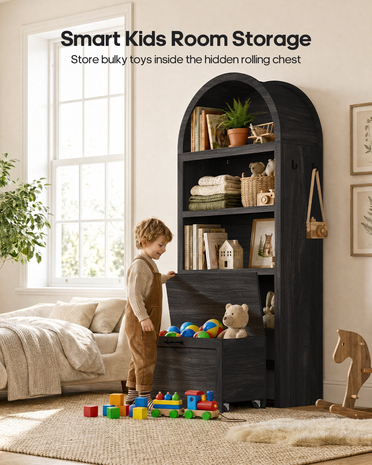 HAUOMS 76.6 inch tall Arched Bookshelf with Moveable Storage Bench and 5-Tier Wood Bookcase Multi-Functional Display Cabinet with Storage for Living Room Entryway