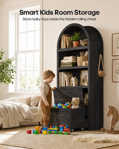 HAUOMS 76.6 inch tall Arched Bookshelf with Moveable Storage Bench and 5-Tier Wood Bookcase Multi-Functional Display Cabinet with Storage for Living Room Entryway