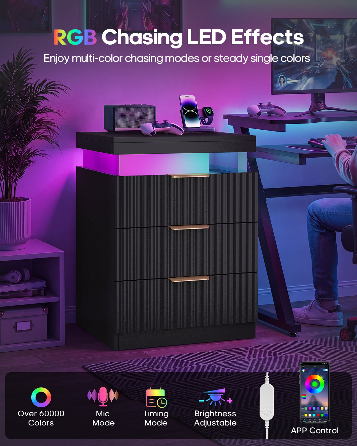 HAUOMS 26.9 Inch Tall Nightstand with Hidden Charging Station and 3 Drawer Fluted Wood Side Table with LED Smart for Bedroom