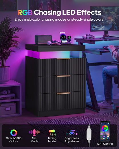 HAUOMS 26.9 Inch Tall Nightstand with Hidden Charging Station and 3 Drawer Fluted Wood Side Table with LED Smart for Bedroom