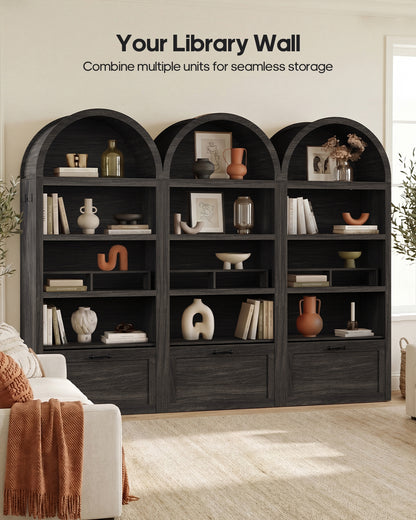 HAUOMS 76.6 inch tall Arched Bookshelf with Moveable Storage Bench and 5-Tier Wood Bookcase Multi-Functional Display Cabinet with Storage for Living Room Entryway