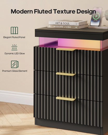 HAUOMS 26.9 Inch Tall Nightstand with Hidden Charging Station and 3 Drawer Fluted Wood Side Table with LED Smart for Bedroom