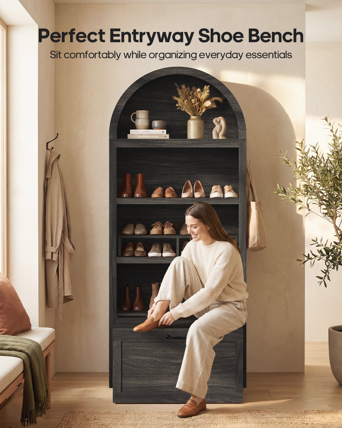 HAUOMS 76.6 inch tall Arched Bookshelf with Moveable Storage Bench and 5-Tier Wood Bookcase Multi-Functional Display Cabinet with Storage for Living Room Entryway