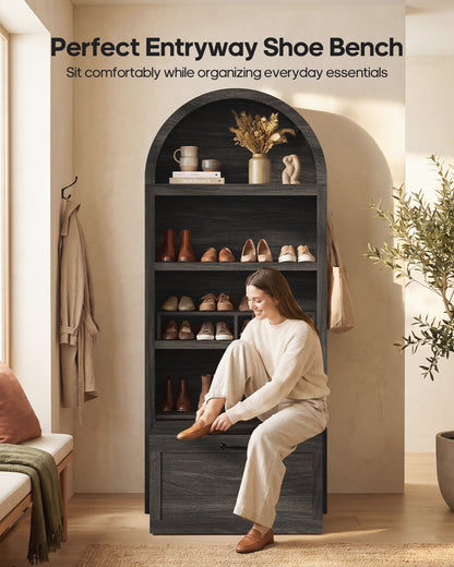 HAUOMS 76.6 inch tall Arched Bookshelf with Moveable Storage Bench and 5-Tier Wood Bookcase Multi-Functional Display Cabinet with Storage for Living Room Entryway
