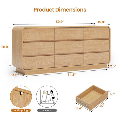 HAUOMS 59 Inch Wide Dresser with 9 Drawers Modern Dressers Curved Profile Design Wooden Chest for Living Room Hallway Bedroom