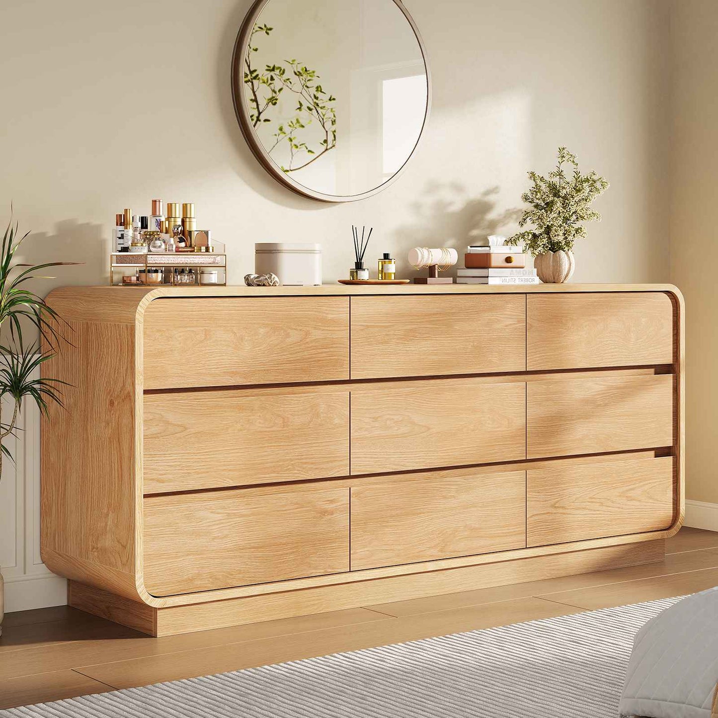 HAUOMS 59 Inch Wide Dresser with 9 Drawers Modern Dressers Curved Profile Design Wooden Chest for Living Room Hallway Bedroom