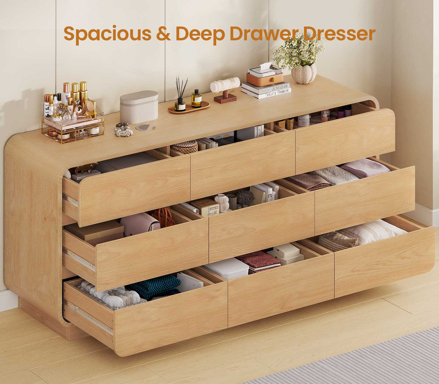 HAUOMS 59 Inch Wide Dresser with 9 Drawers Modern Dressers Curved Profile Design Wooden Chest for Living Room Hallway Bedroom