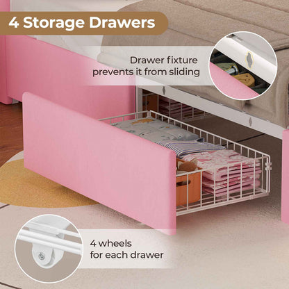 HAUOMS Full Size Bed Frame with 4 Drawers and LED Lights Princess Velvet Upholstered Platform Bed Headboard with Charging Station and Guardrail for Girls