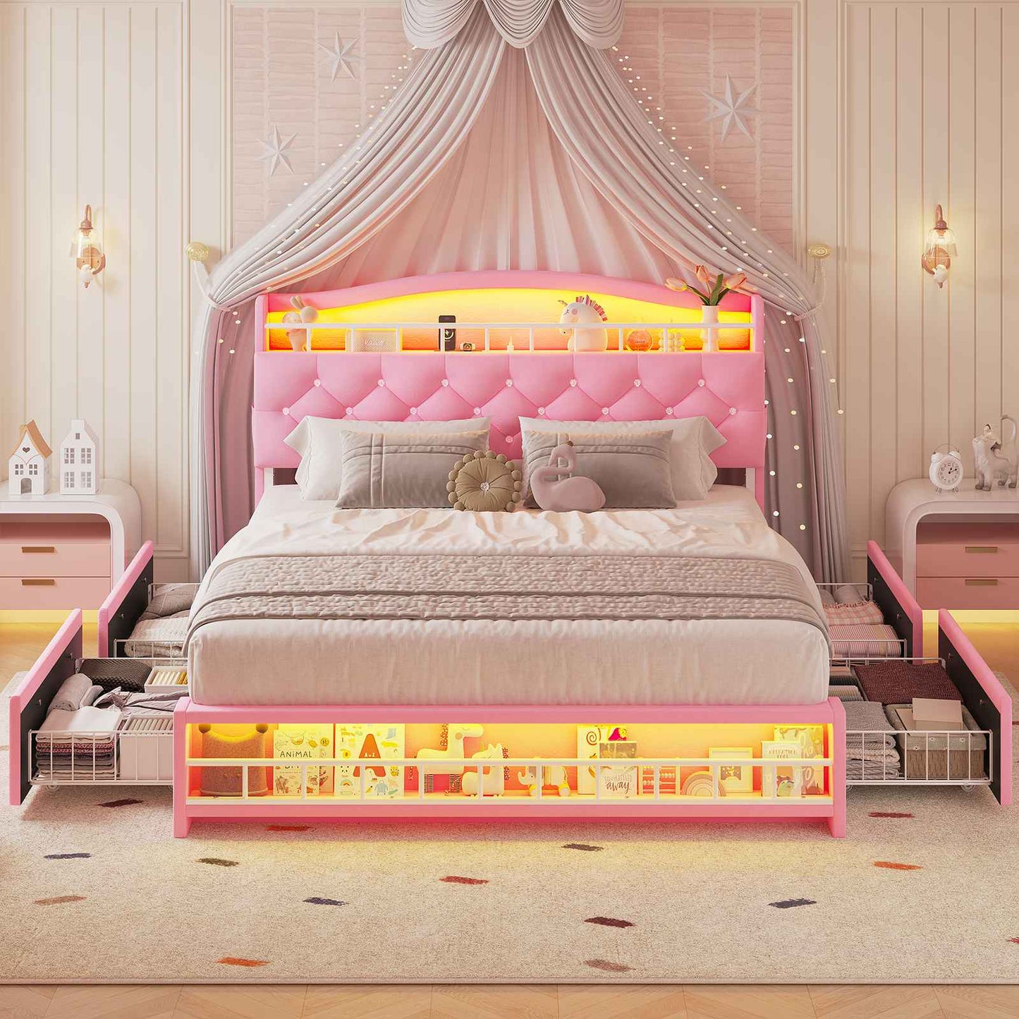 HAUOMS Full Size Bed Frame with 4 Drawers and LED Lights Princess Velvet Upholstered Platform Bed Headboard with Charging Station and Guardrail for Girls
