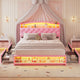 HAUOMS Full Size Bed Frame with 4 Drawers and LED Lights Princess Velvet Upholstered Platform Bed Headboard with Charging Station and Guardrail for Girls