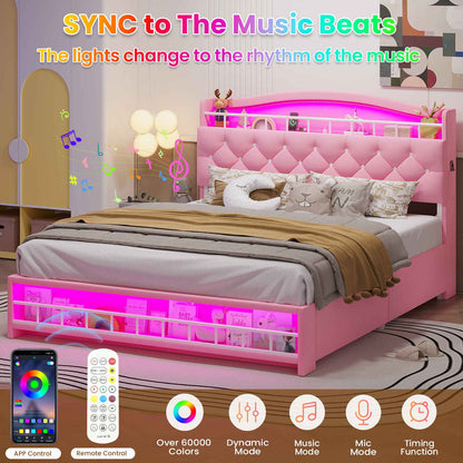 HAUOMS Full Size Bed Frame with 4 Drawers and LED Lights Princess Velvet Upholstered Platform Bed Headboard with Charging Station and Guardrail for Girls