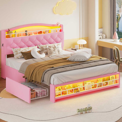 HAUOMS Full Size Bed Frame with 4 Drawers and LED Lights Princess Velvet Upholstered Platform Bed Headboard with Charging Station and Guardrail for Girls