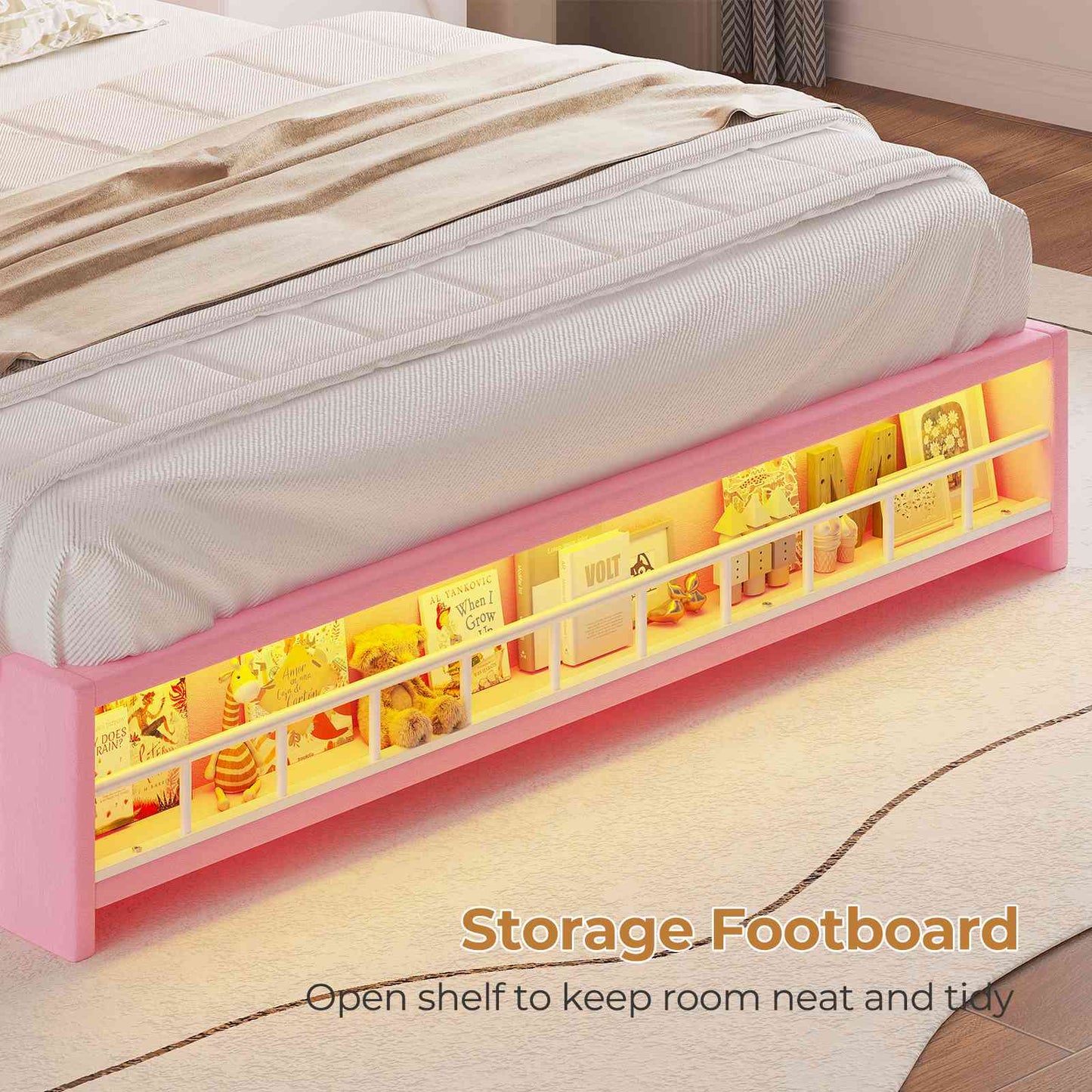 HAUOMS Full Size Bed Frame with 4 Drawers and LED Lights Princess Velvet Upholstered Platform Bed Headboard with Charging Station and Guardrail for Girls