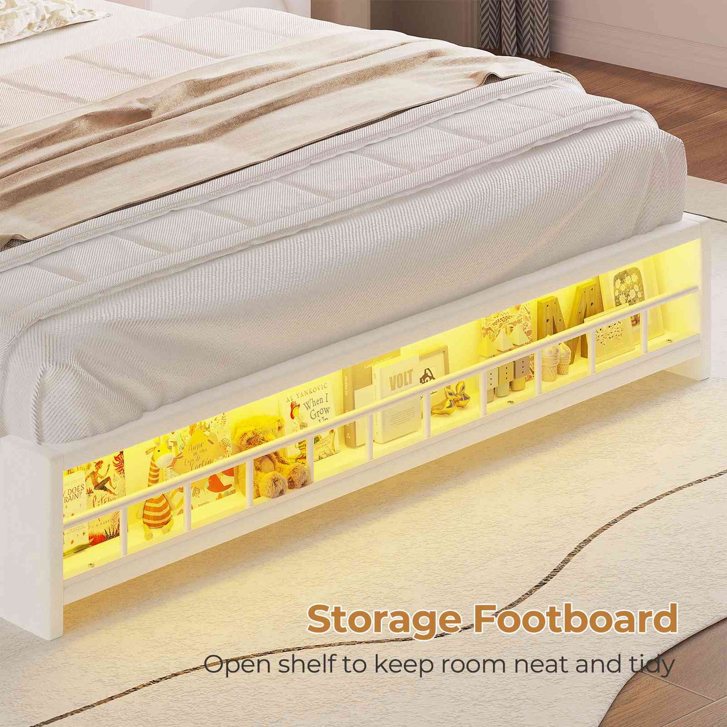 HAUOMS Full Size Bed Frame with 4 Drawers and LED Lights Princess Velvet Upholstered Platform Bed Headboard with Charging Station and Guardrail for Girls