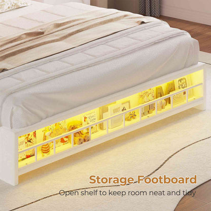 HAUOMS Full Size Bed Frame with 4 Drawers and LED Lights Princess Velvet Upholstered Platform Bed Headboard with Charging Station and Guardrail for Girls