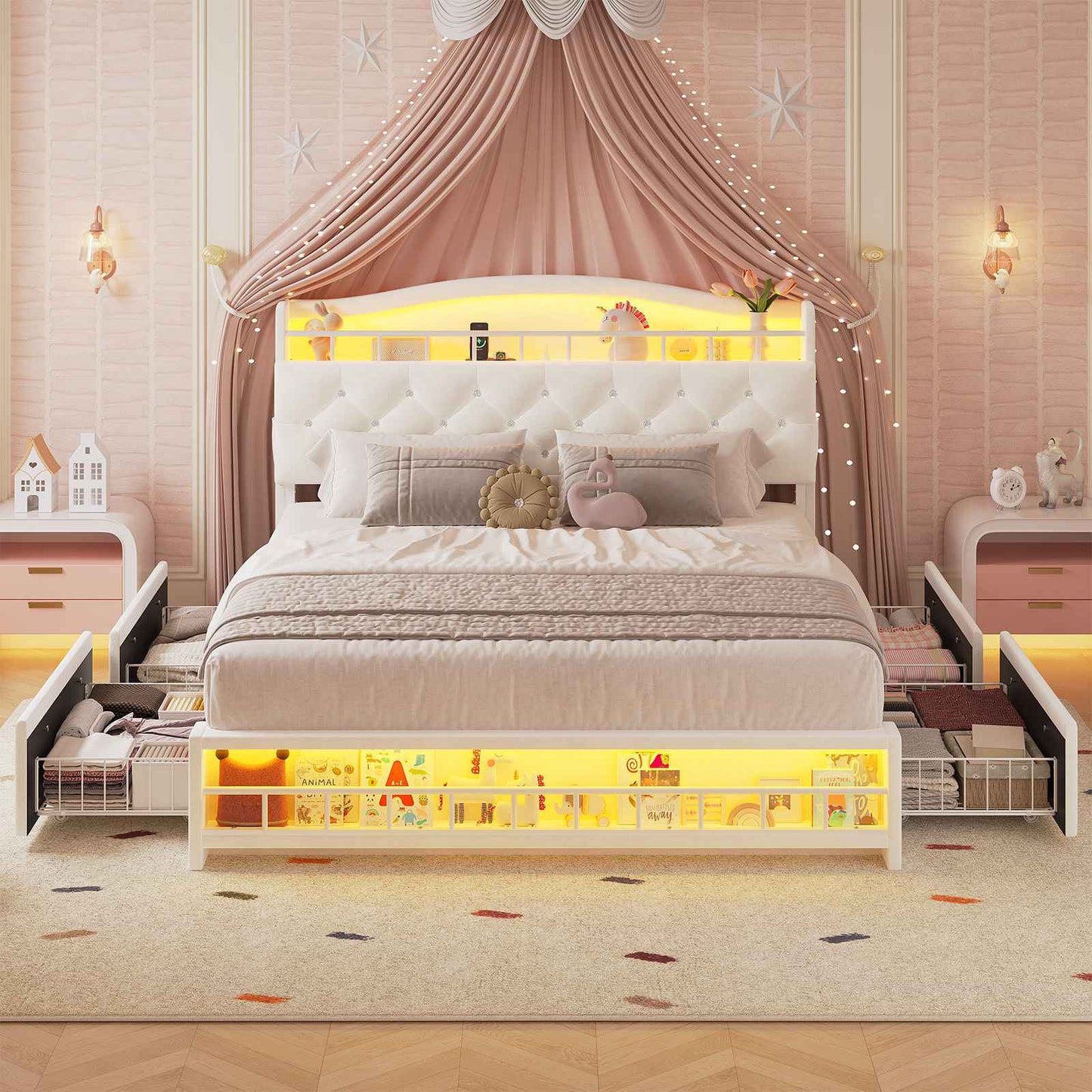 HAUOMS Full Size Bed Frame with 4 Drawers and LED Lights Princess Velvet Upholstered Platform Bed Headboard with Charging Station and Guardrail for Girls