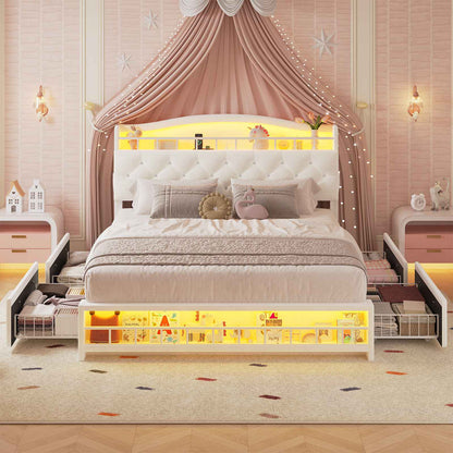 HAUOMS Full Size Bed Frame with 4 Drawers and LED Lights Princess Velvet Upholstered Platform Bed Headboard with Charging Station and Guardrail for Girls