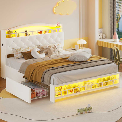 HAUOMS Full Size Bed Frame with 4 Drawers and LED Lights Princess Velvet Upholstered Platform Bed Headboard with Charging Station and Guardrail for Girls