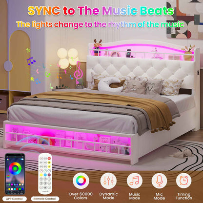 HAUOMS Full Size Bed Frame with 4 Drawers and LED Lights Princess Velvet Upholstered Platform Bed Headboard with Charging Station and Guardrail for Girls