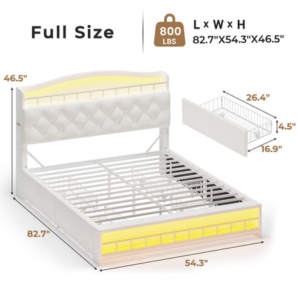 HAUOMS Full Size Bed Frame with 4 Drawers and LED Lights Princess Velvet Upholstered Platform Bed Headboard with Charging Station and Guardrail for Girls