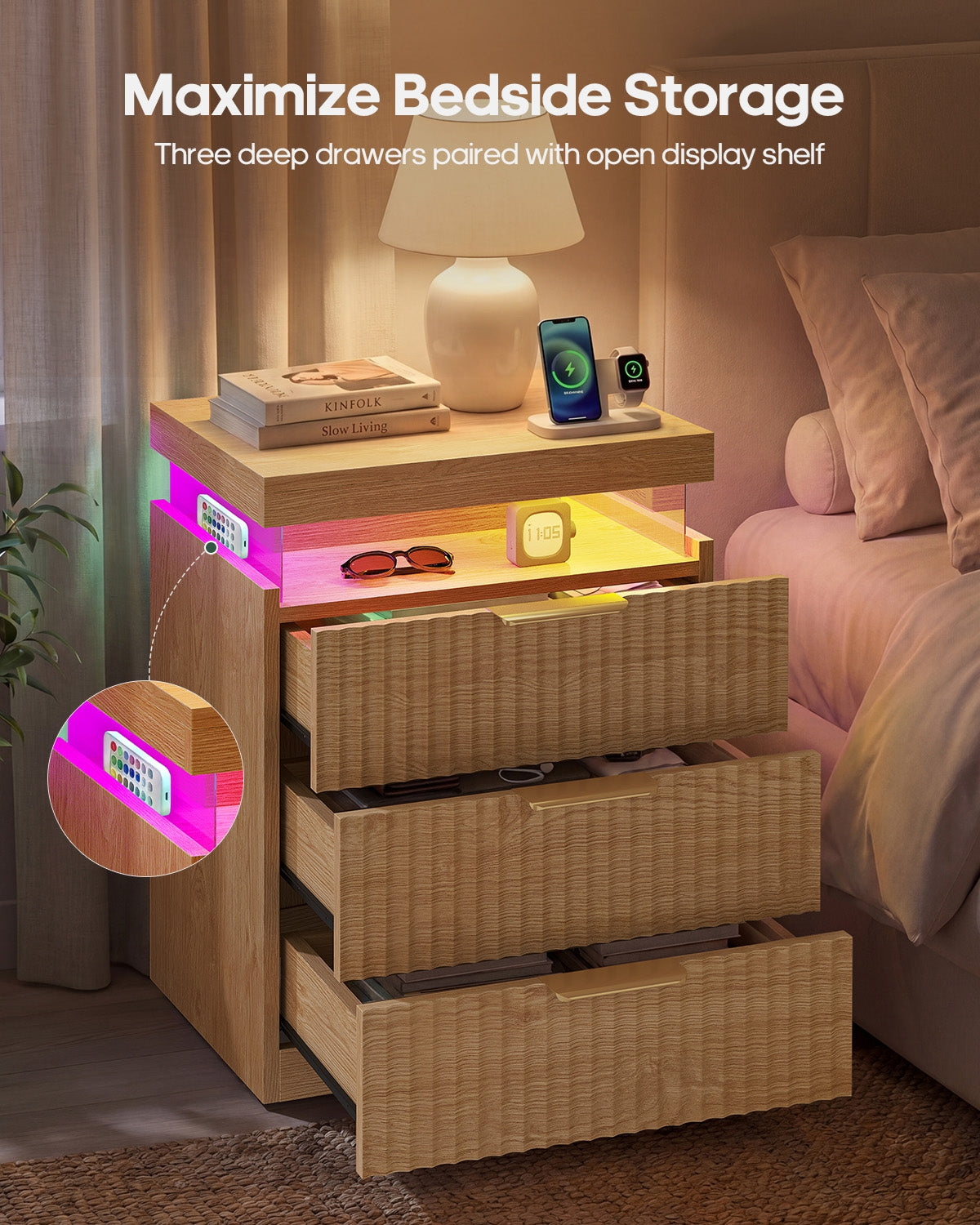 HAUOMS 26.9 Inch Tall Nightstand with Hidden Charging Station and 3 Drawer Fluted Wood Side Table with LED Smart for Bedroom
