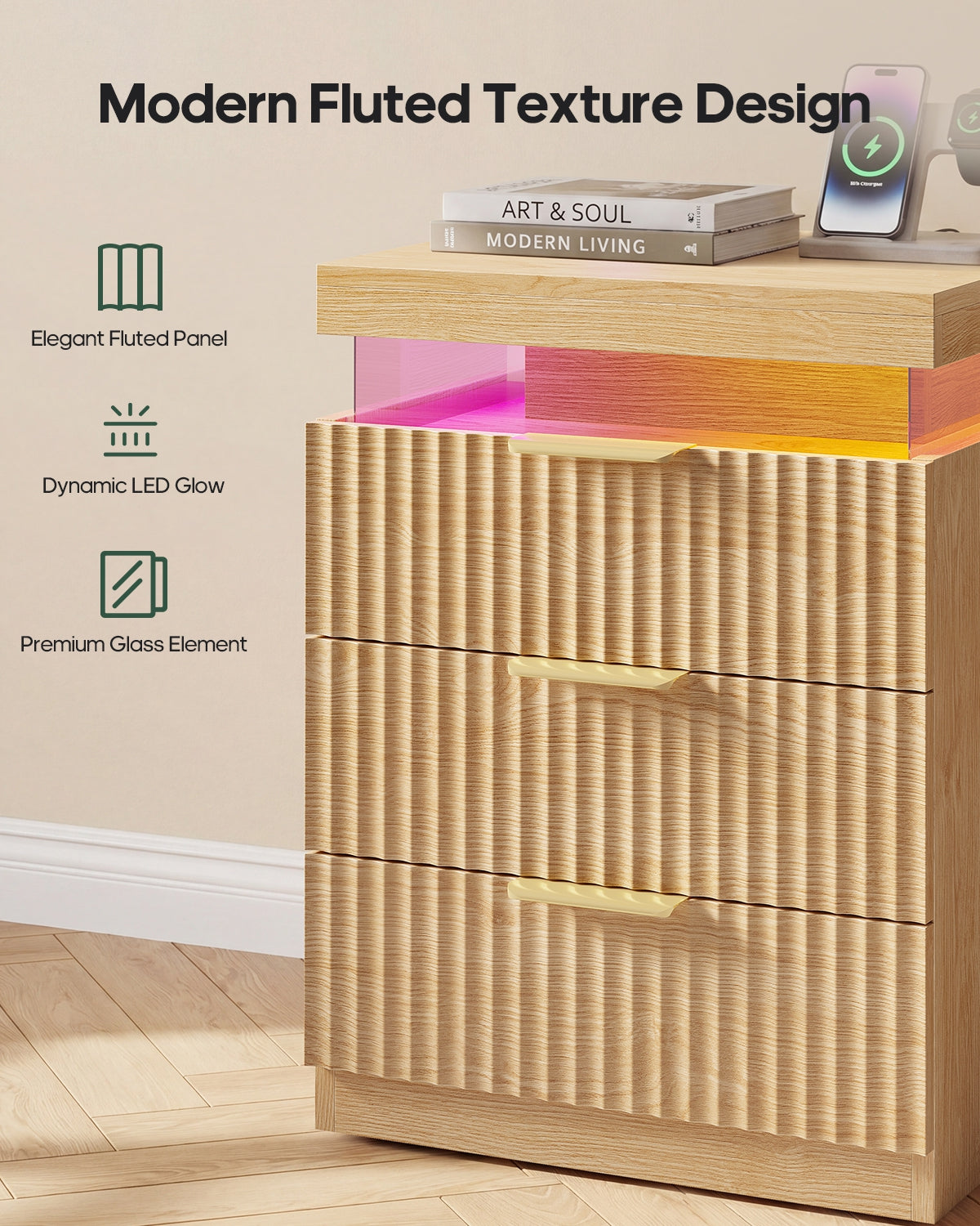 HAUOMS 26.9 Inch Tall Nightstand with Hidden Charging Station and 3 Drawer Fluted Wood Side Table with LED Smart for Bedroom
