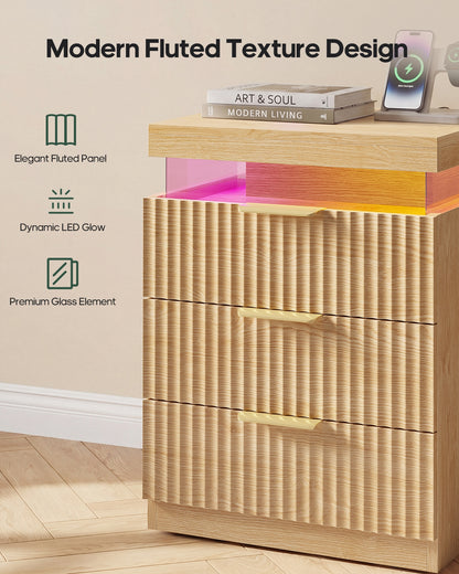 HAUOMS 26.9 Inch Tall Nightstand with Hidden Charging Station and 3 Drawer Fluted Wood Side Table with LED Smart for Bedroom