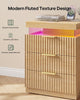 HAUOMS 26.9 Inch Tall Nightstand with Hidden Charging Station and 3 Drawer Fluted Wood Side Table with LED Smart for Bedroom