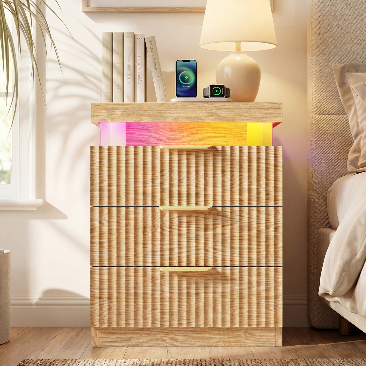 HAUOMS 26.9 Inch Tall Nightstand with Hidden Charging Station and 3 Drawer Fluted Wood Side Table with LED Smart for Bedroom