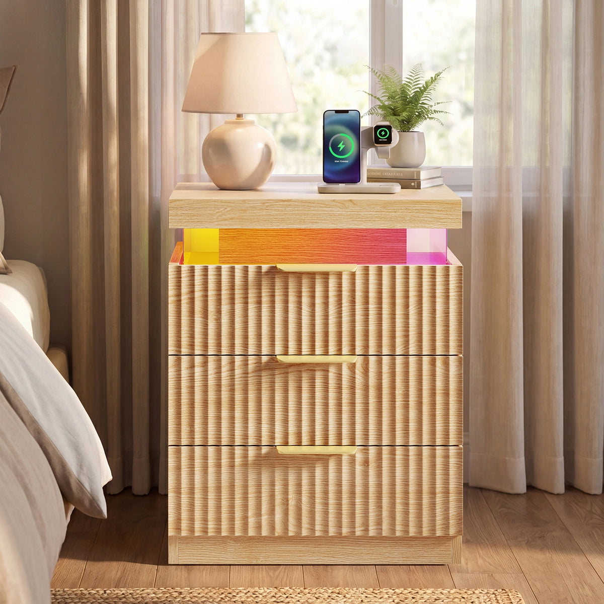 HAUOMS 26.9 Inch Tall Nightstand with Hidden Charging Station and 3 Drawer Fluted Wood Side Table with LED Smart for Bedroom