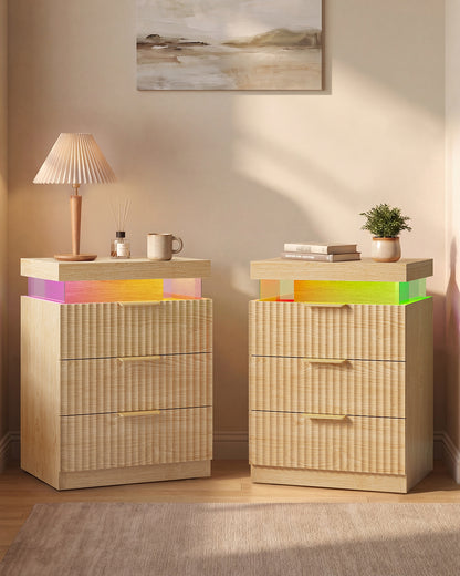 HAUOMS 26.9 Inch Tall Nightstand with Hidden Charging Station and 3 Drawer Fluted Wood Side Table with LED Smart for Bedroom