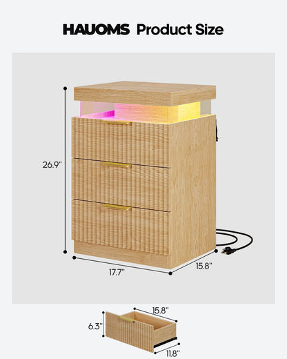 HAUOMS 26.9 Inch Tall Nightstand with Hidden Charging Station and 3 Drawer Fluted Wood Side Table with LED Smart for Bedroom