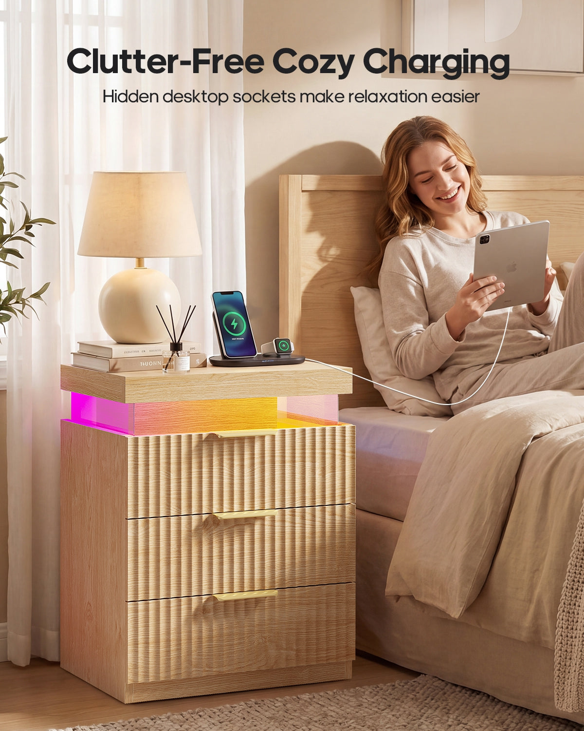 HAUOMS 26.9 Inch Tall Nightstand with Hidden Charging Station and 3 Drawer Fluted Wood Side Table with LED Smart for Bedroom
