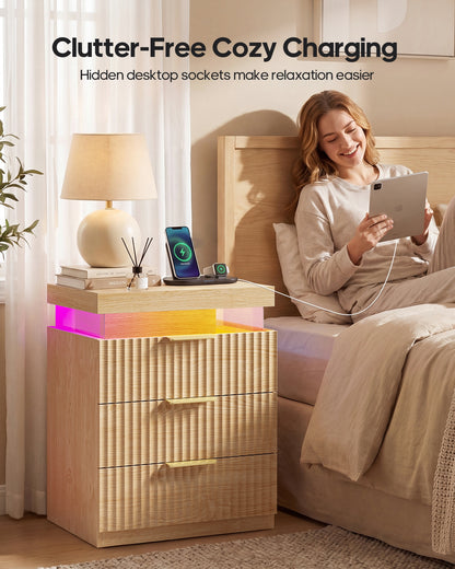 HAUOMS 26.9 Inch Tall Nightstand with Hidden Charging Station and 3 Drawer Fluted Wood Side Table with LED Smart for Bedroom