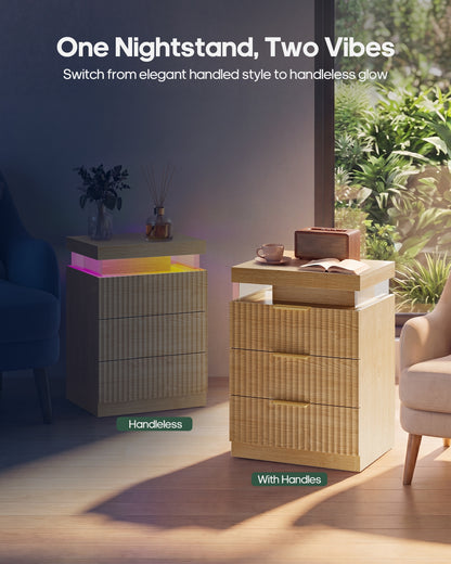 HAUOMS 26.9 Inch Tall Nightstand with Hidden Charging Station and 3 Drawer Fluted Wood Side Table with LED Smart for Bedroom