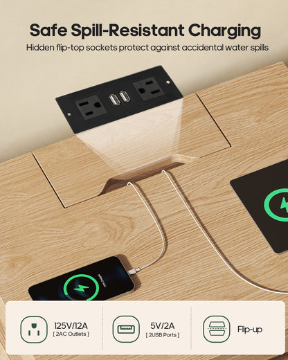 HAUOMS 26.9 Inch Tall Nightstand with Hidden Charging Station and 3 Drawer Fluted Wood Side Table with LED Smart for Bedroom
