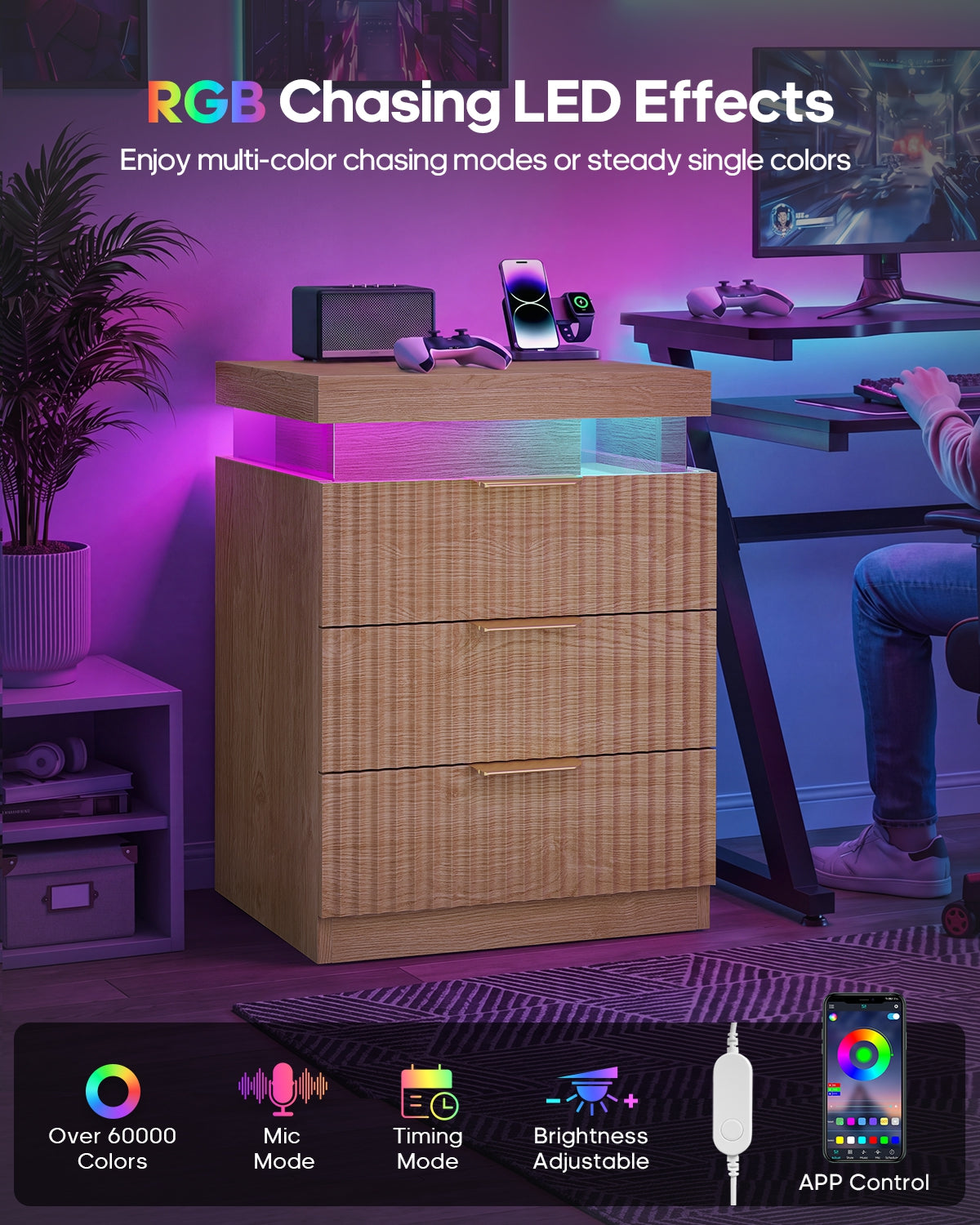 HAUOMS 26.9 Inch Tall Nightstand with Hidden Charging Station and 3 Drawer Fluted Wood Side Table with LED Smart for Bedroom