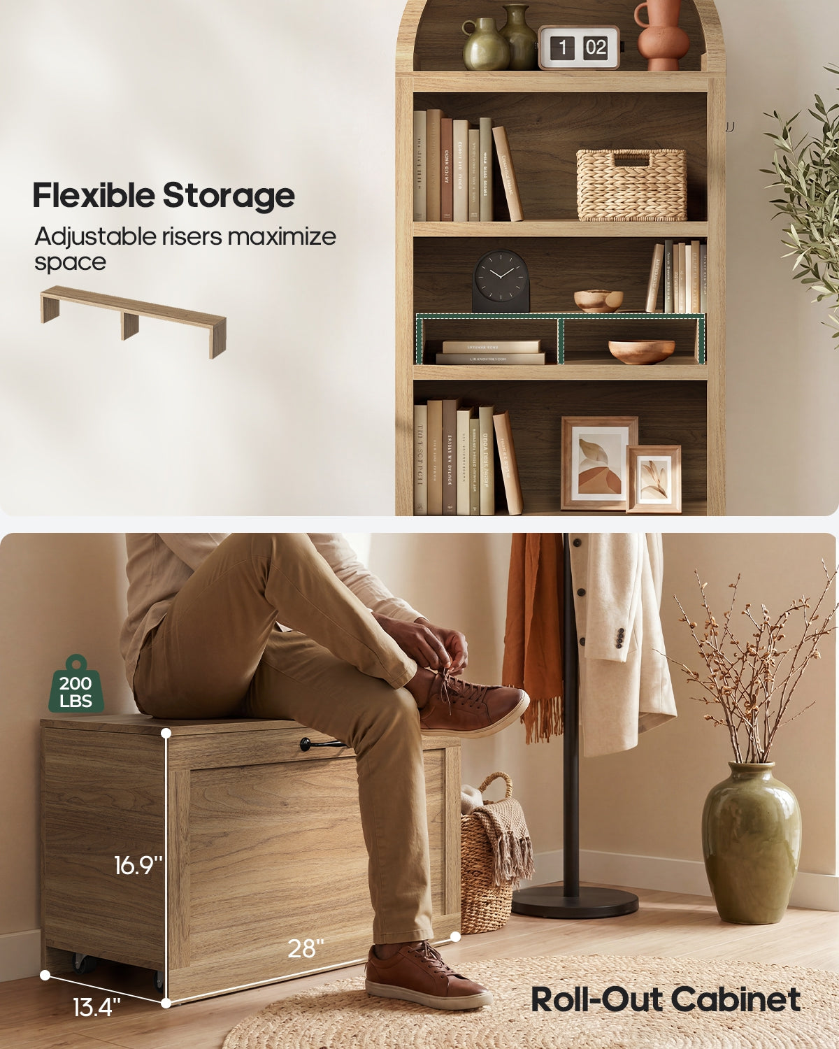 HAUOMS 76.6 inch tall Arched Bookshelf with Moveable Storage Bench and 5-Tier Wood Bookcase Multi-Functional Display Cabinet with Storage for Living Room Entryway