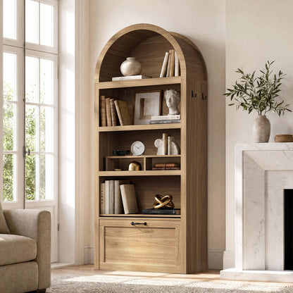 HAUOMS 76.6 inch tall Arched Bookshelf with Moveable Storage Bench and 5-Tier Wood Bookcase Multi-Functional Display Cabinet with Storage for Living Room Entryway
