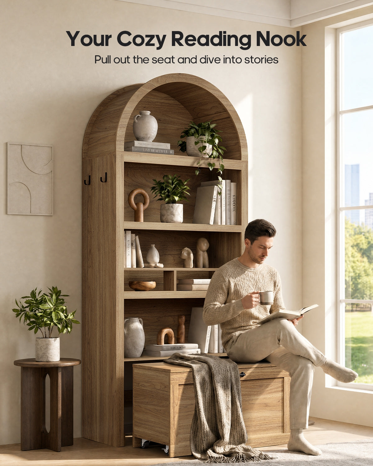 HAUOMS 76.6 inch tall Arched Bookshelf with Moveable Storage Bench and 5-Tier Wood Bookcase Multi-Functional Display Cabinet with Storage for Living Room Entryway