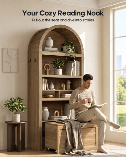 HAUOMS 76.6 inch tall Arched Bookshelf with Moveable Storage Bench and 5-Tier Wood Bookcase Multi-Functional Display Cabinet with Storage for Living Room Entryway