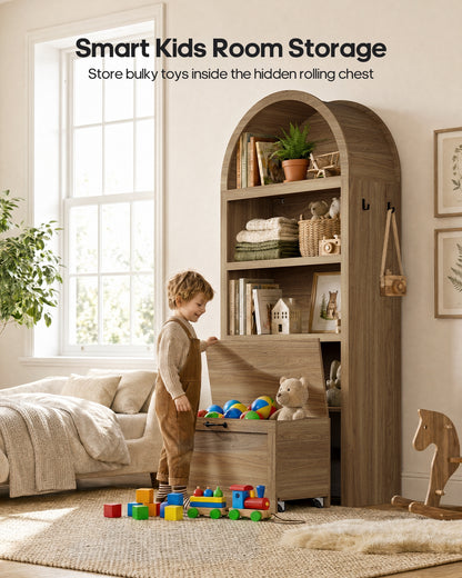 HAUOMS 76.6 inch tall Arched Bookshelf with Moveable Storage Bench and 5-Tier Wood Bookcase Multi-Functional Display Cabinet with Storage for Living Room Entryway