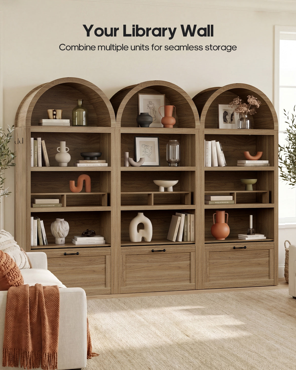 HAUOMS 76.6 inch tall Arched Bookshelf with Moveable Storage Bench and 5-Tier Wood Bookcase Multi-Functional Display Cabinet with Storage for Living Room Entryway